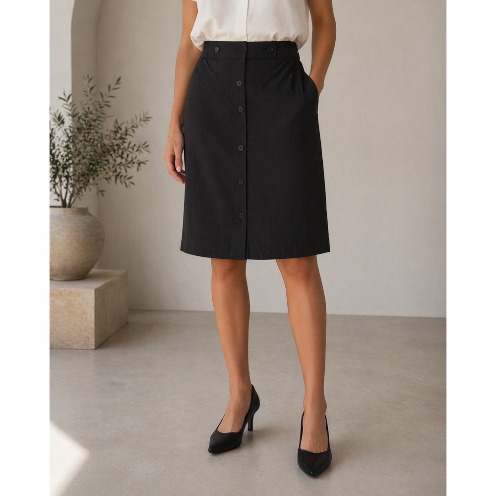 Ann Taylor Black Button Front Stretch Pencil Skirt Size 4 Rayon Spandex Knee